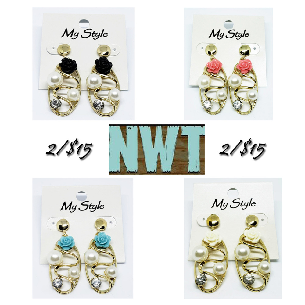 🦋NWT Gold Flower Pearl Rhinestone Drop Earrings